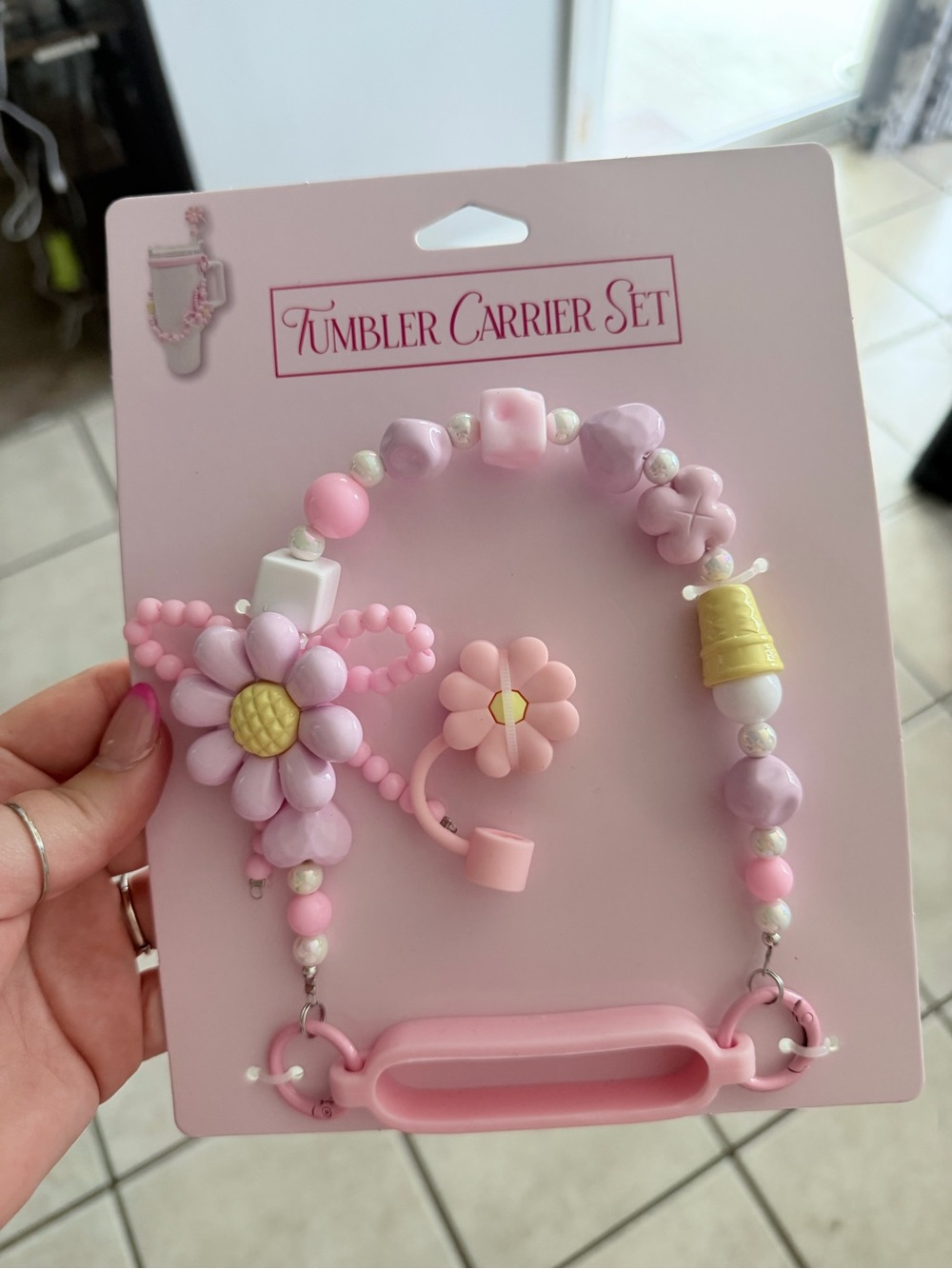 Beaded Tumbler Handle and Straw Topper – Pink